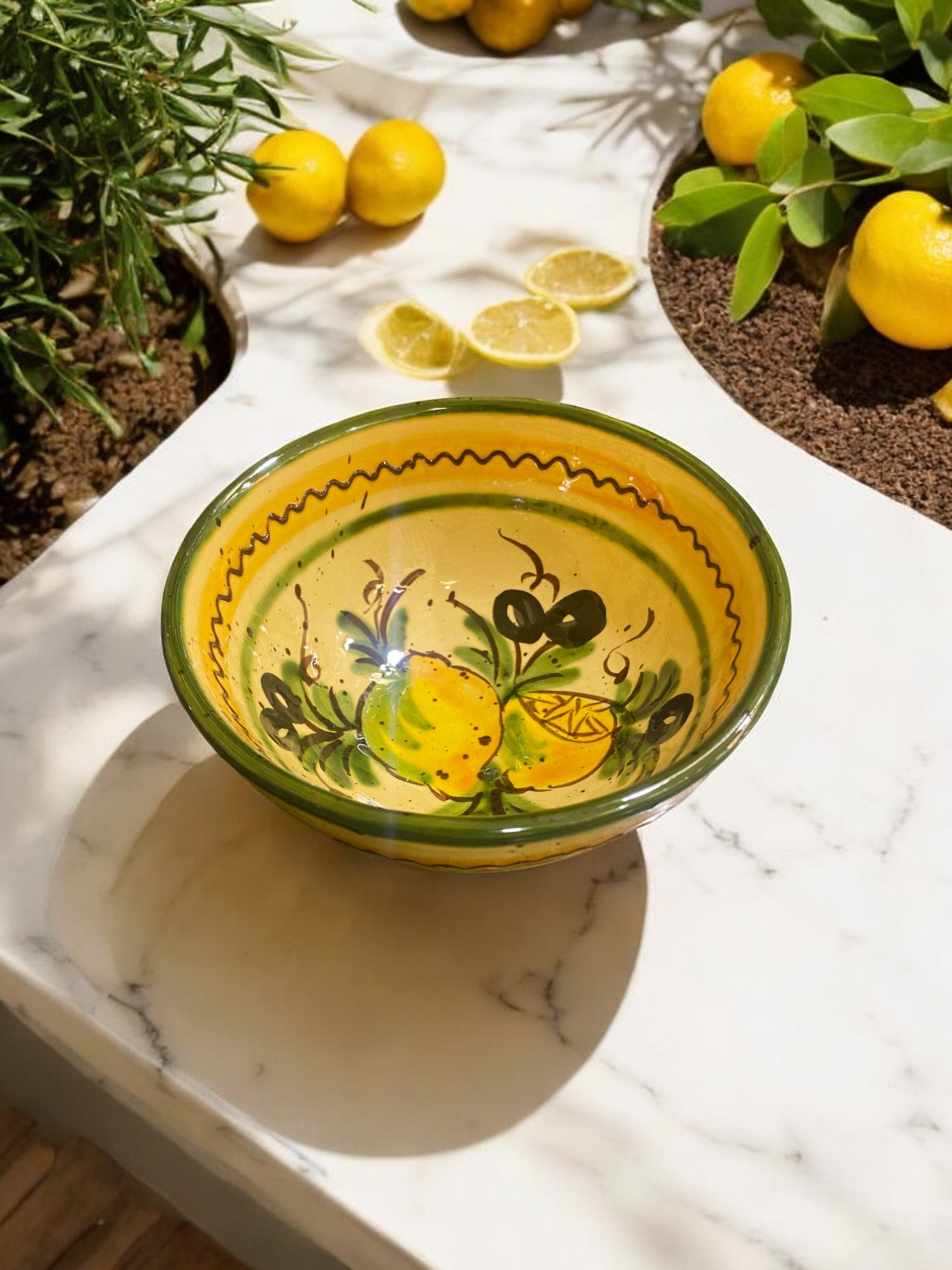 Oval Handmade Ceramic Bowl with Provencal Lemon Motifs