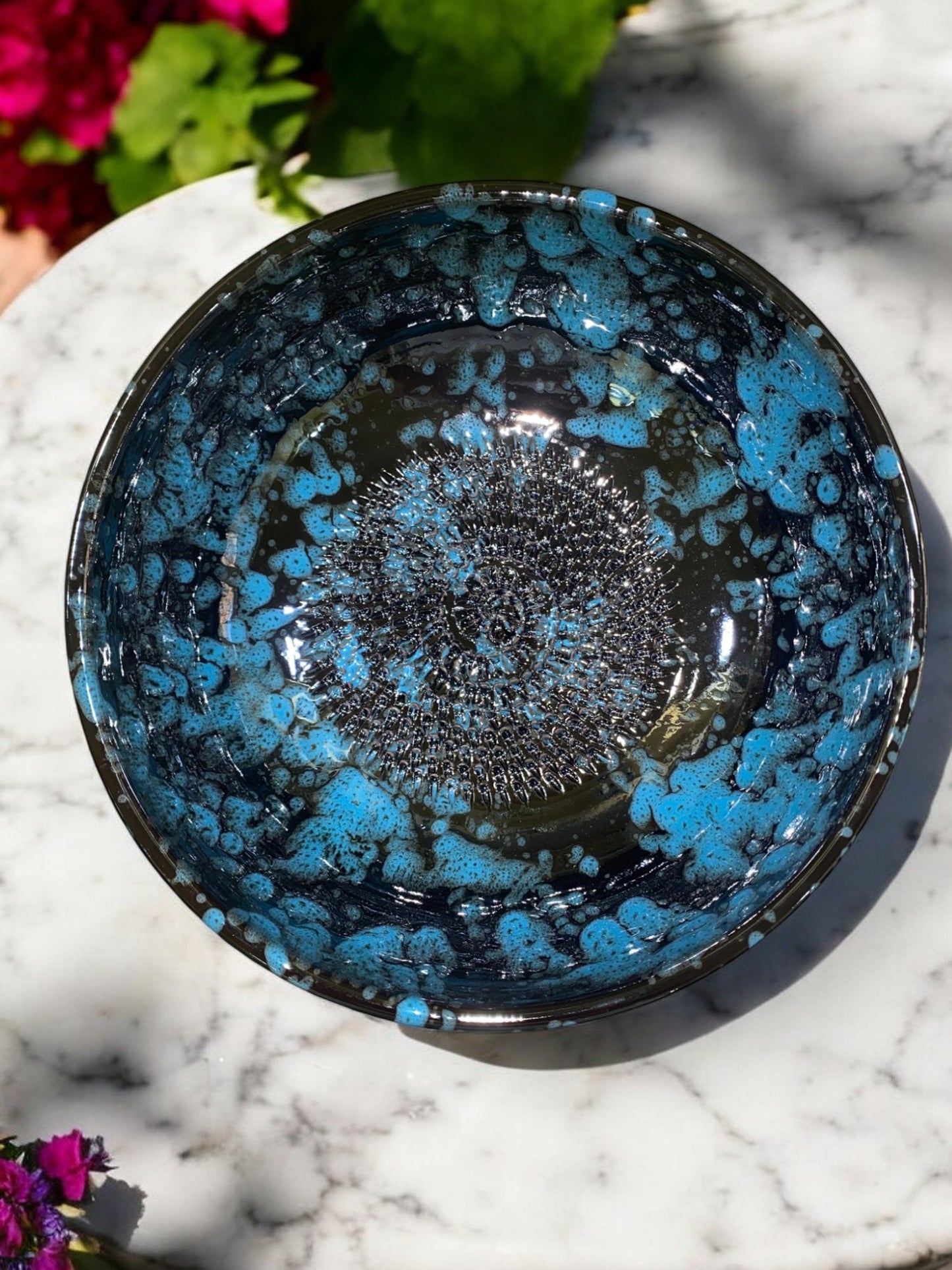 Salad Bowl with Black and Blue Garlic Scraper in Handmade Terracotta