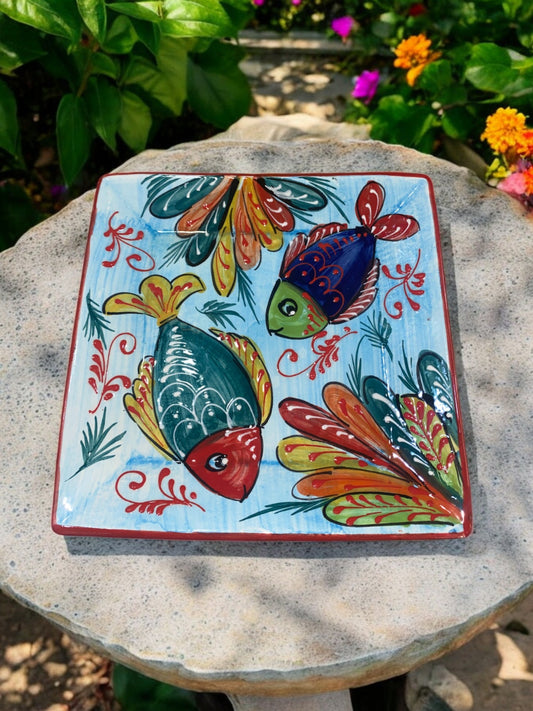 Small Square Plate in Handmade Ceramic - Aquamarine Pattern