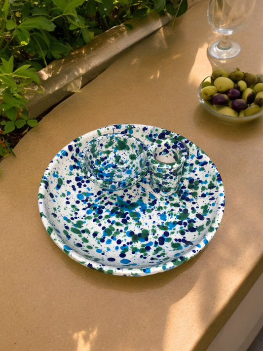 Assiette pour Olives en Céramique Artisanale - Motif Moucheté Bleu et Vert