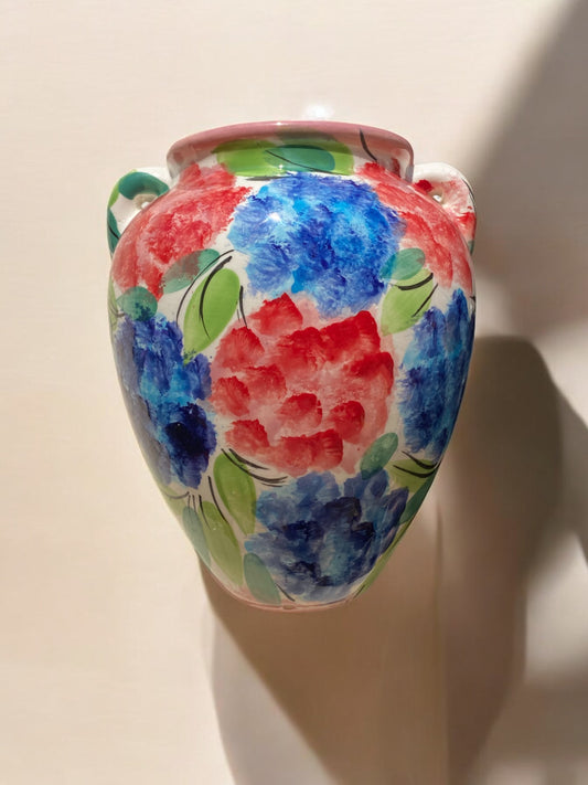 Cache-pot de Taille Moyenne en Céramique Artisanale - Fleurs Rouges et Bleues