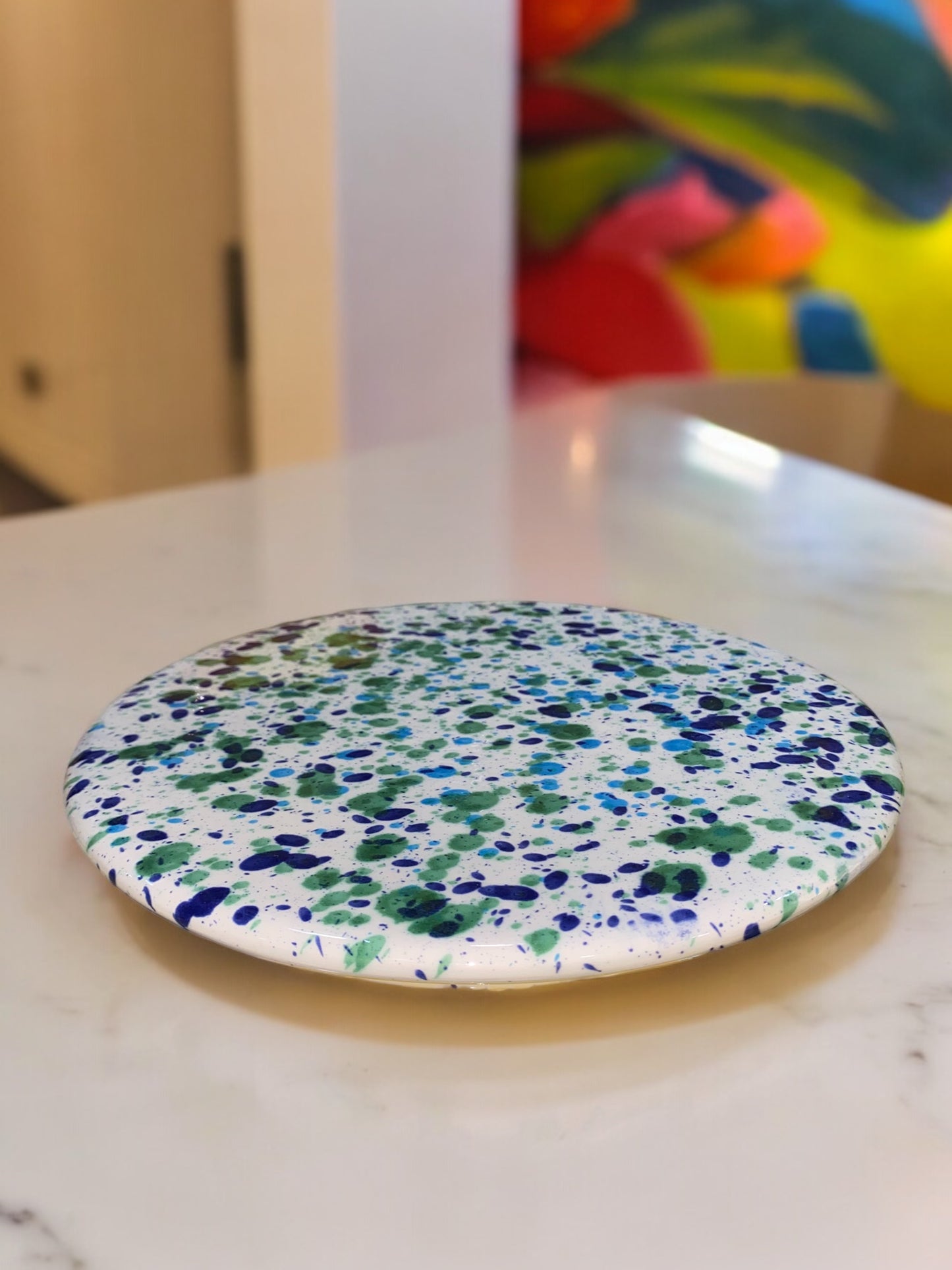 Dessous de Plat en Céramique Artisanale - Motif Moucheté Bleu et Vert