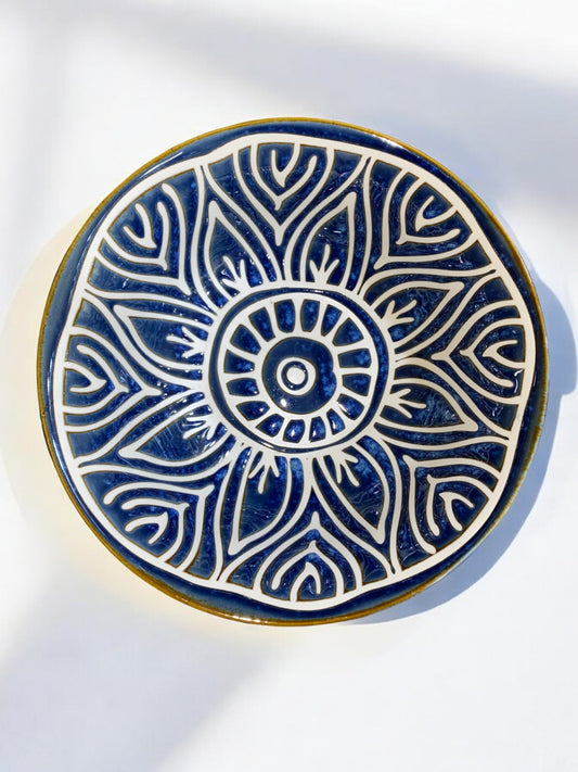 Grand Bol en Céramique Artisanale Bleu Marine et Blanc - Motif Soleil