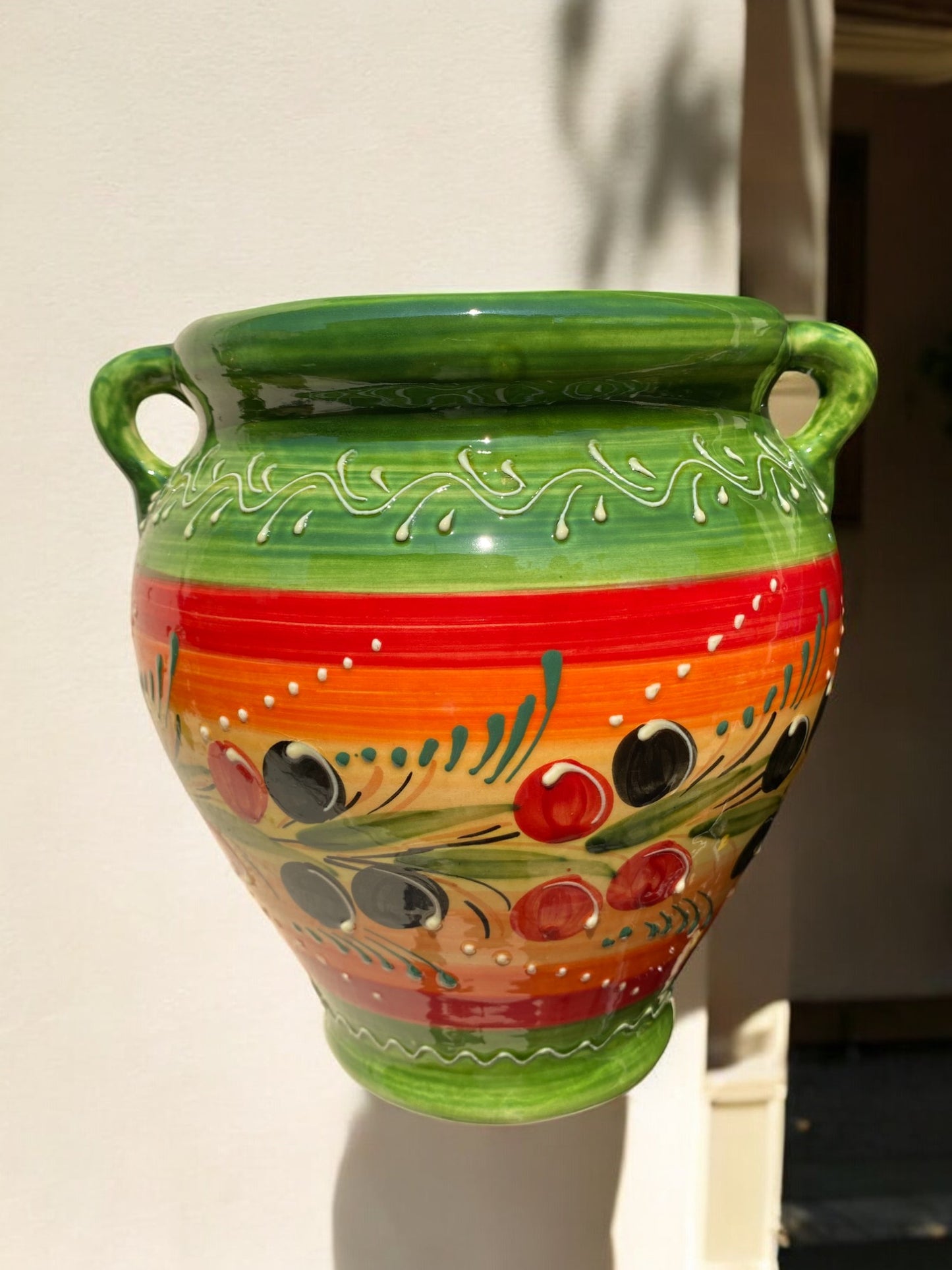 Cache-pot de Grande Taille en Céramique Artisanale - Motif Provençal Vert