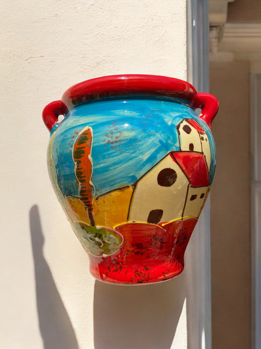 Cache-pot de Grande Taille en Céramique Artisanale - Motif Village Provençal