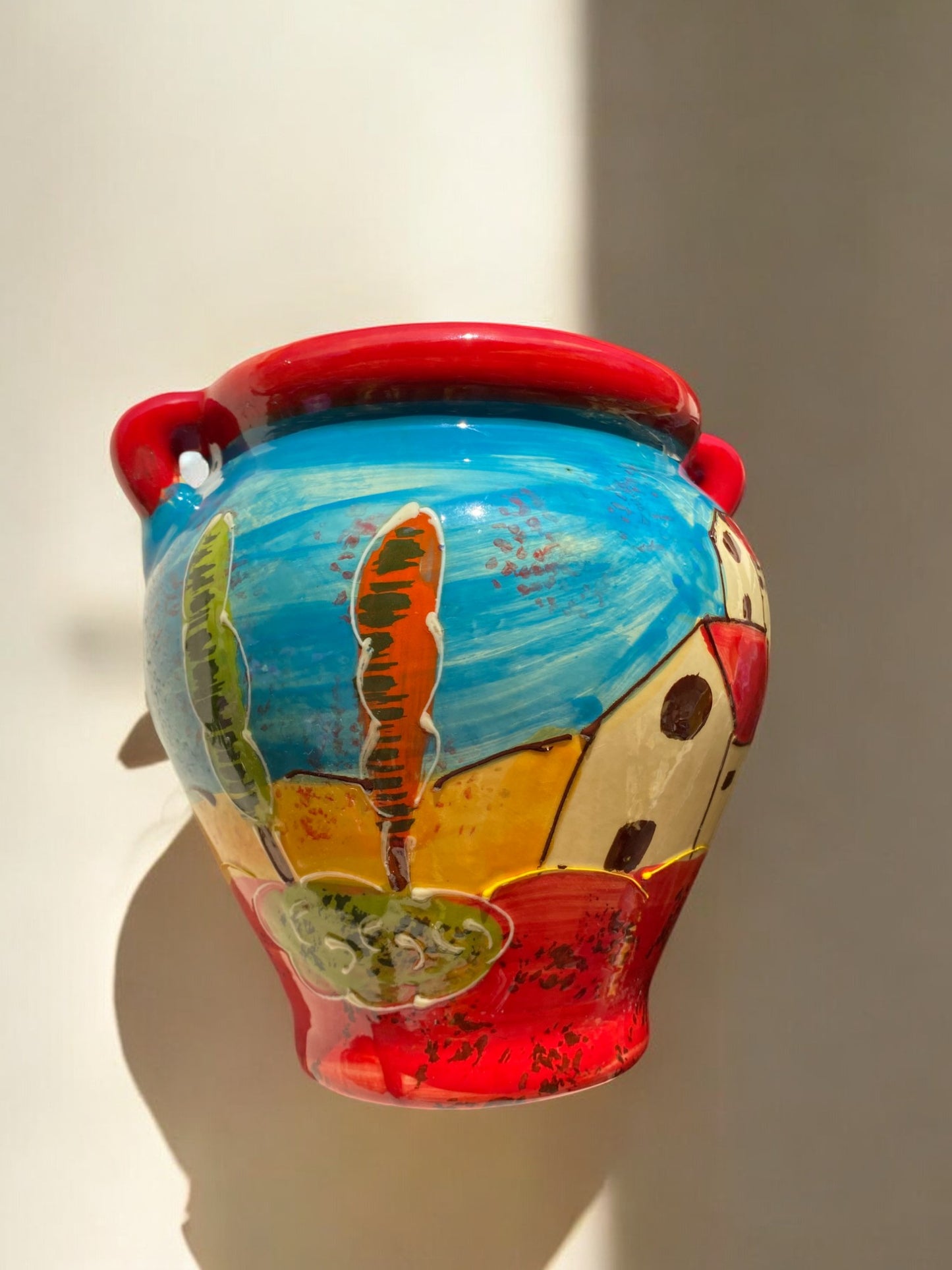 Cache-pot de Grande Taille en Céramique Artisanale - Motif Village Provençal