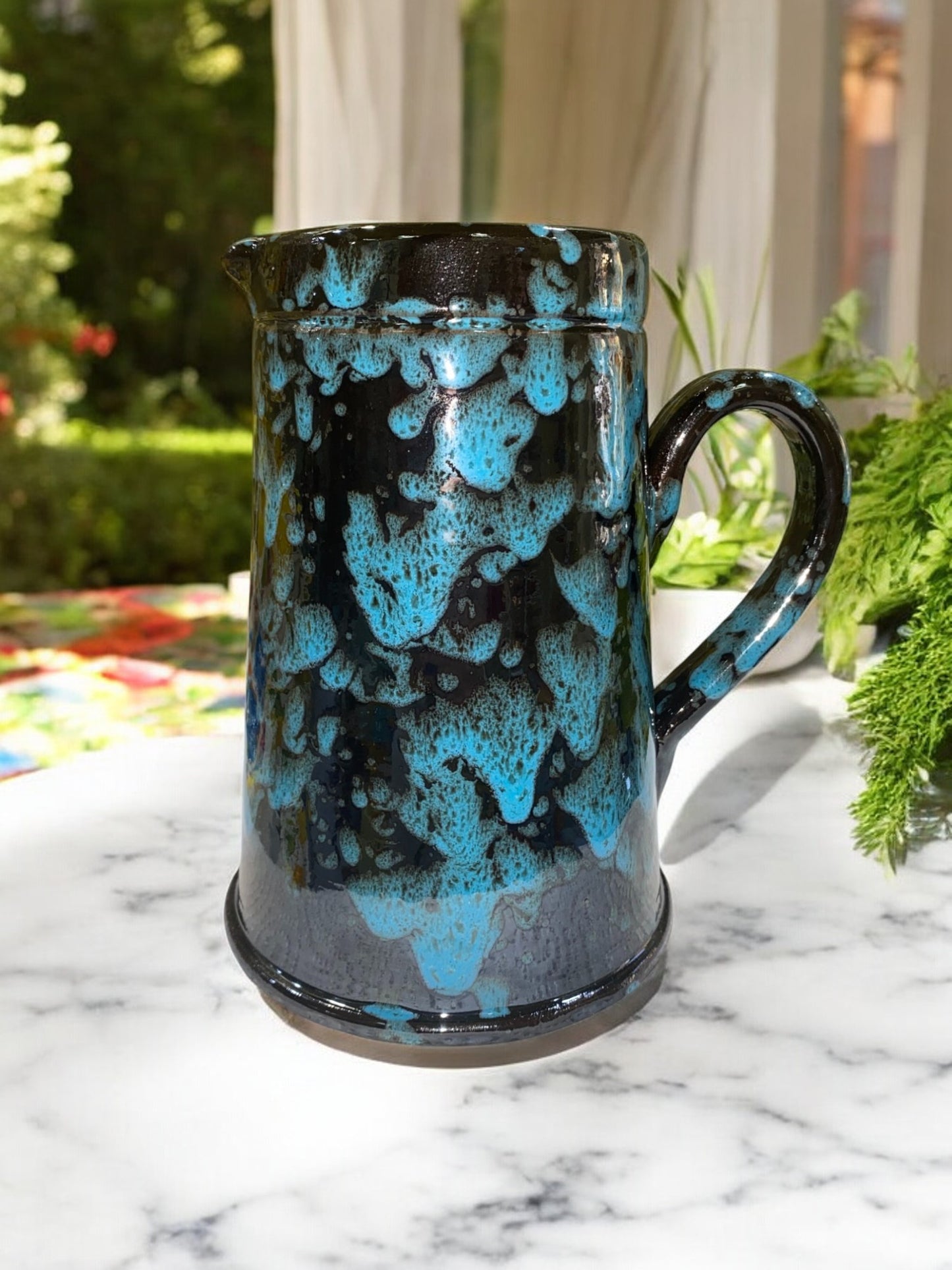 Large Black and Blue Handmade Terracotta Pitcher