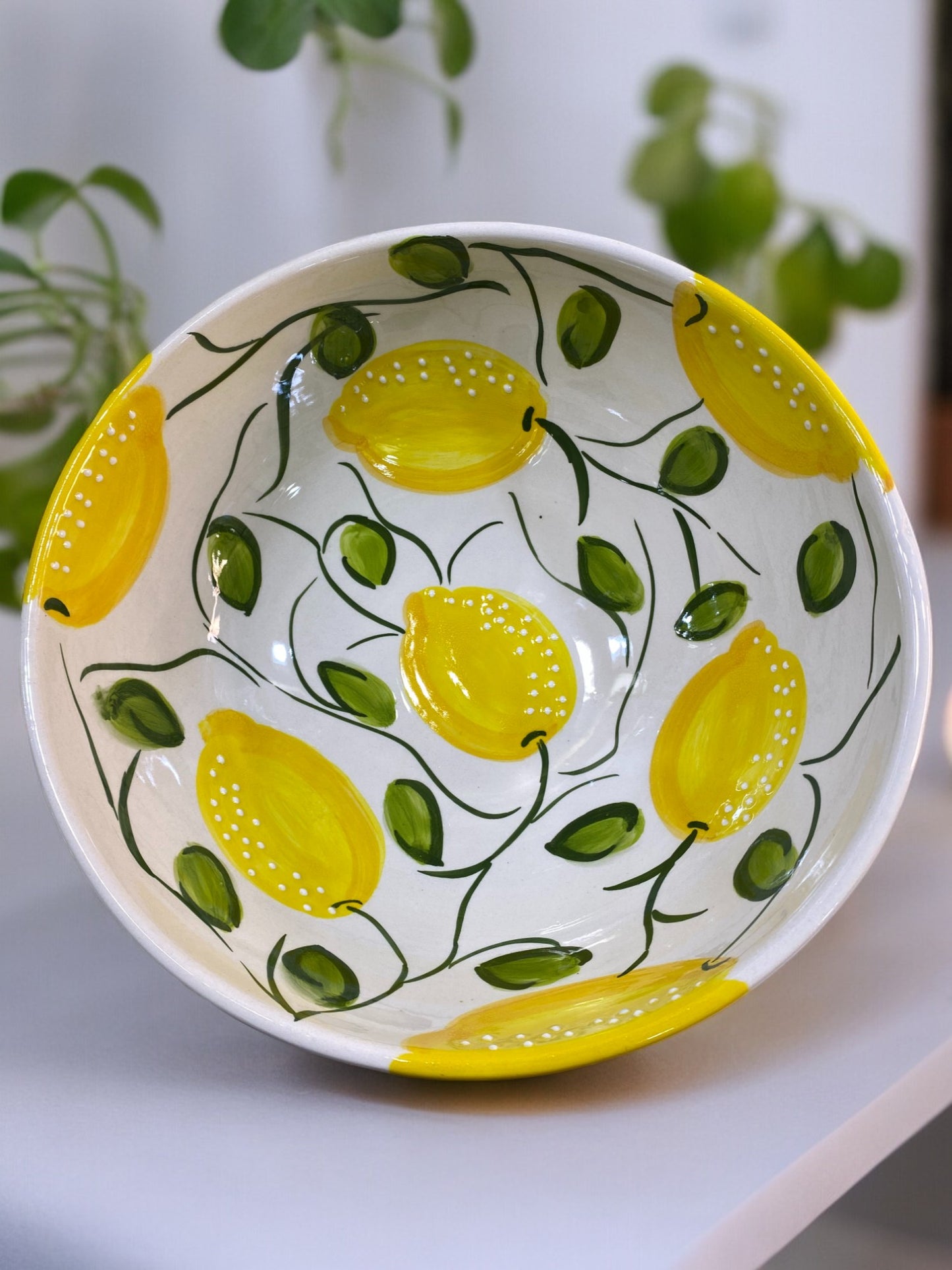 Large Handmade Ceramic Salad Bowl with Lemon Motifs