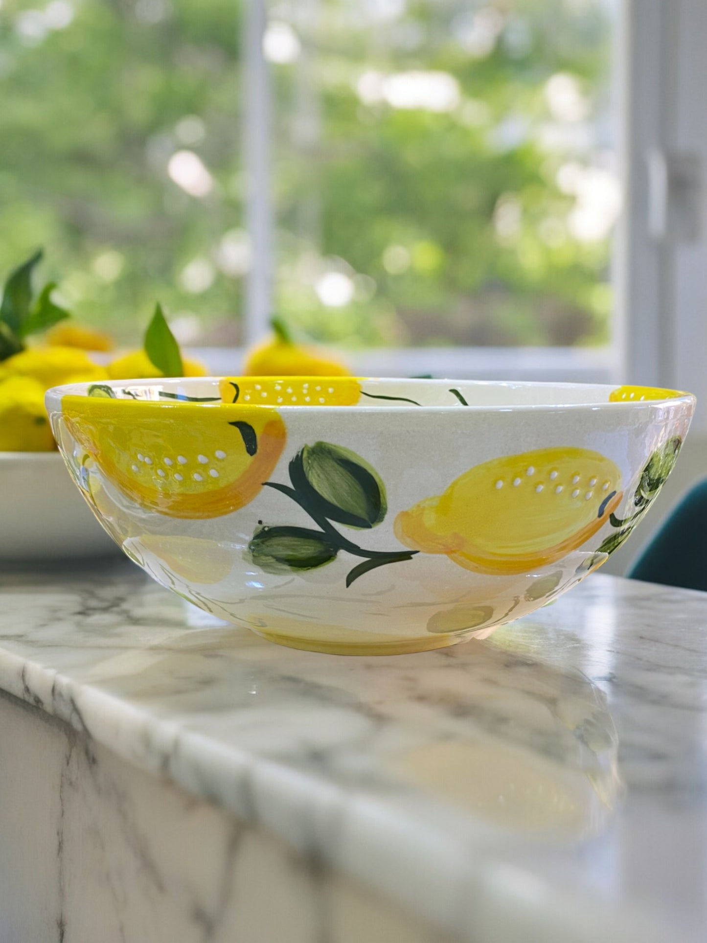 Large Handmade Ceramic Salad Bowl with Lemon Motifs