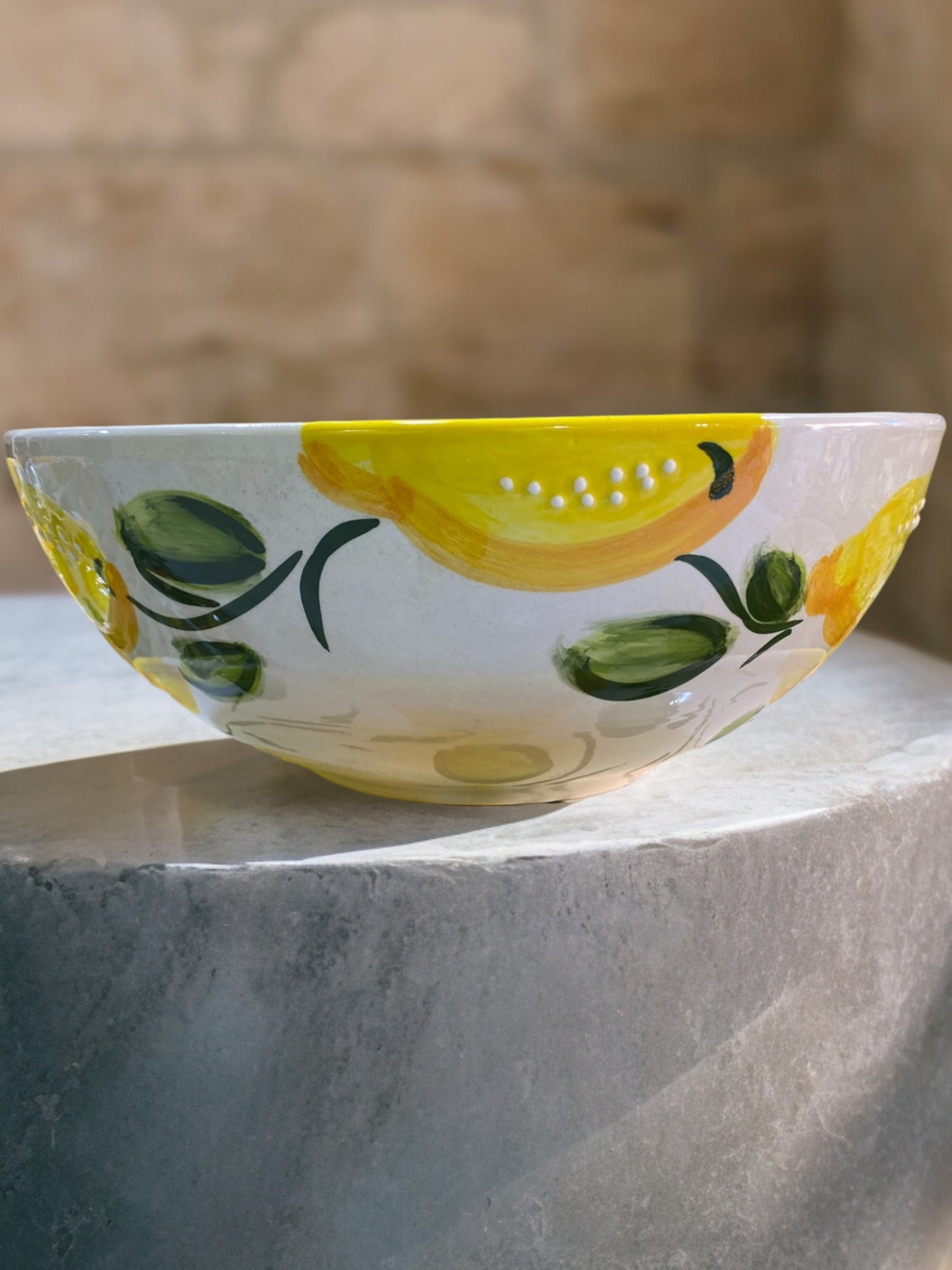 Large Handmade Ceramic Salad Bowl with Lemon Motifs