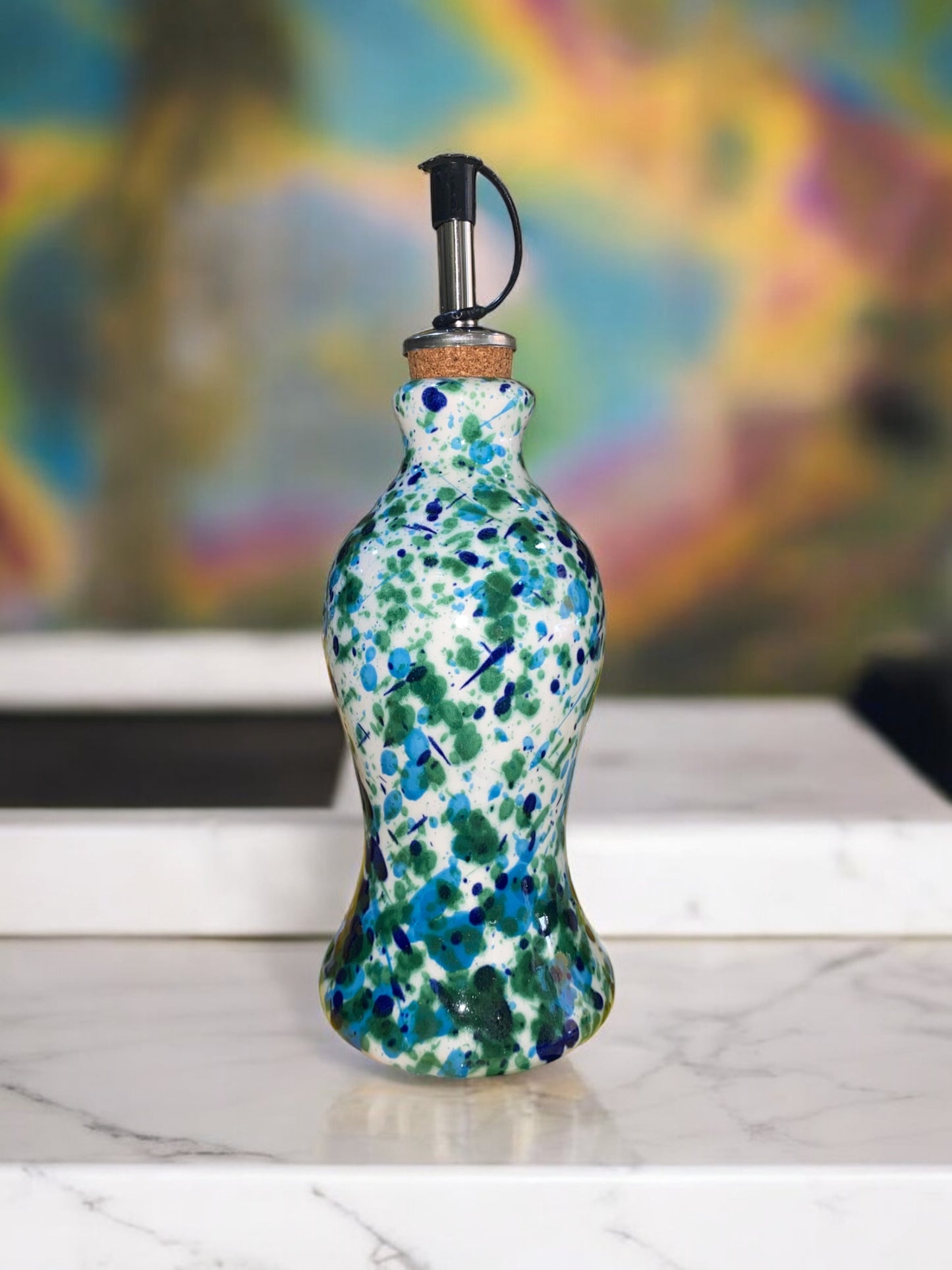 Huilier en Céramique Artisanale - Motif Moucheté Bleu et Vert