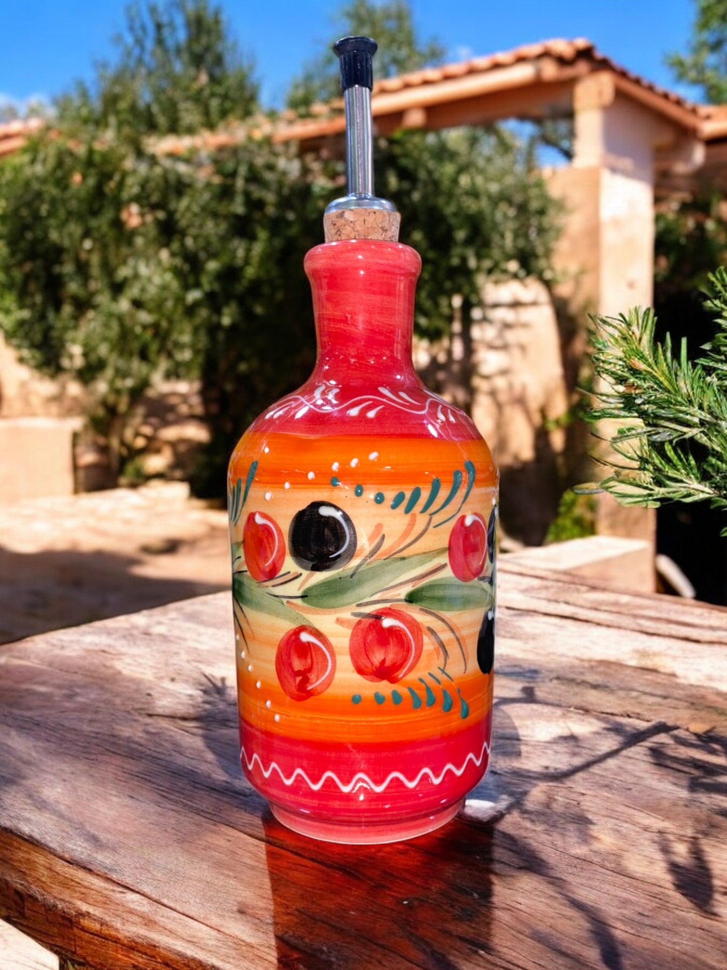 Huilier en Céramique Artisanale - Motif Provençal Rouge