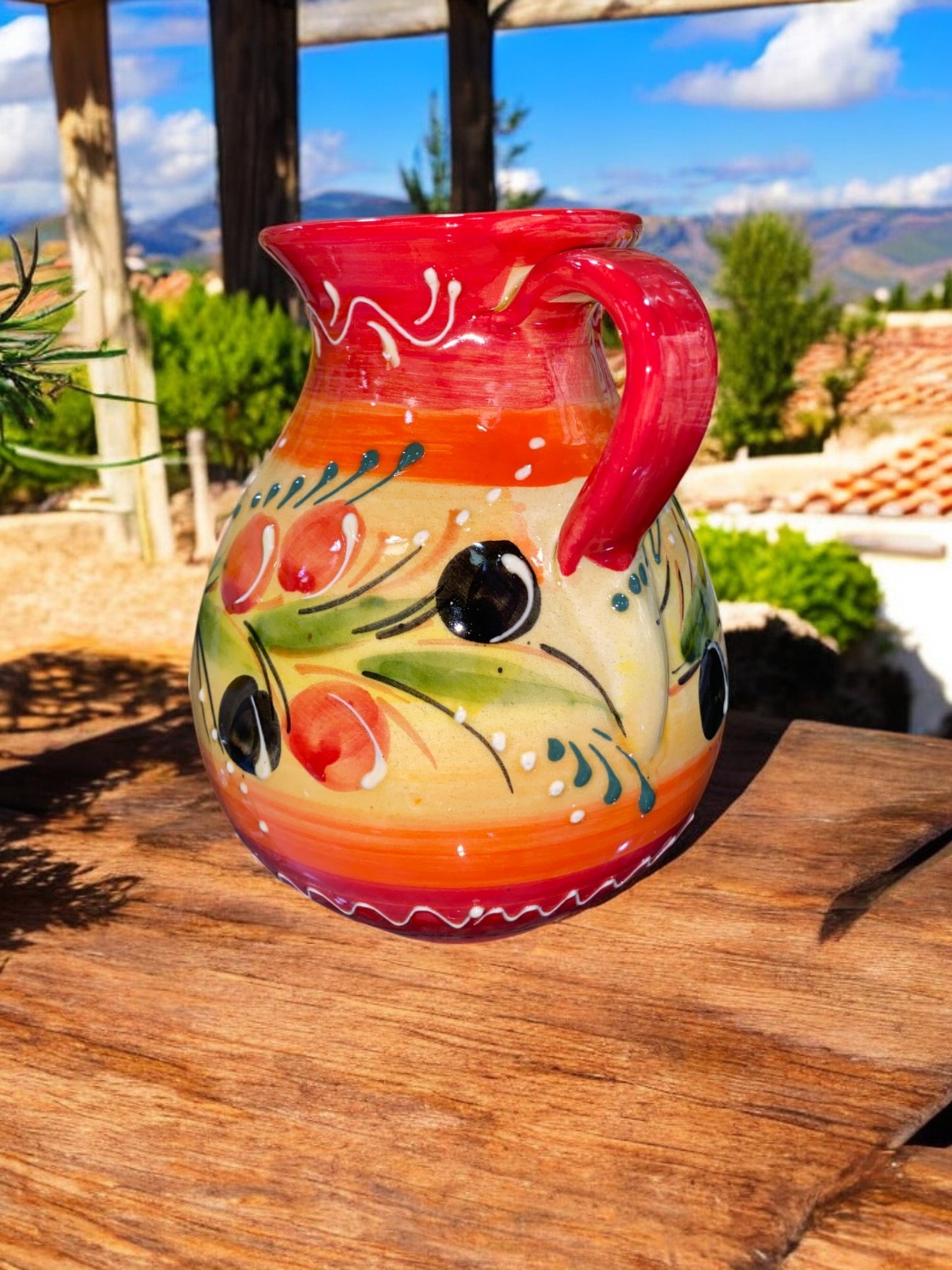 Petit Pichet Oval en Céramique Artisanale - Motif Provençal Rouge