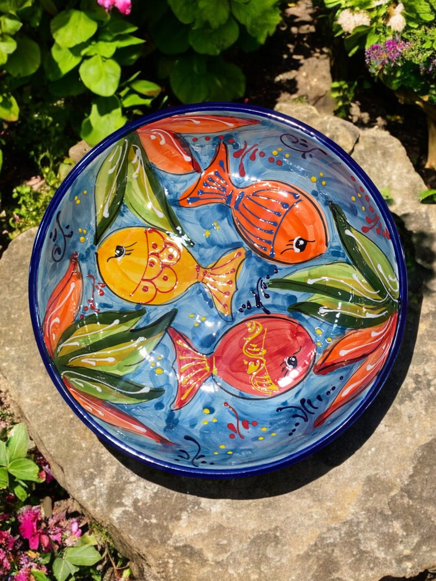 Small Flat Salad Bowl in Handmade Ceramic - Aquamarine Pattern