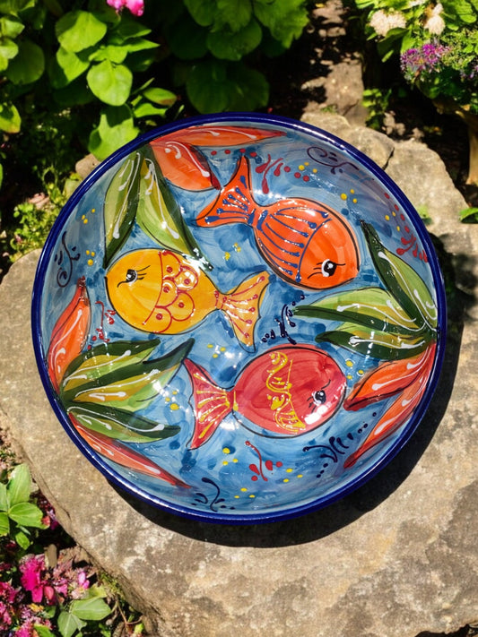 Small Flat Salad Bowl in Handmade Ceramic - Aquamarine Pattern