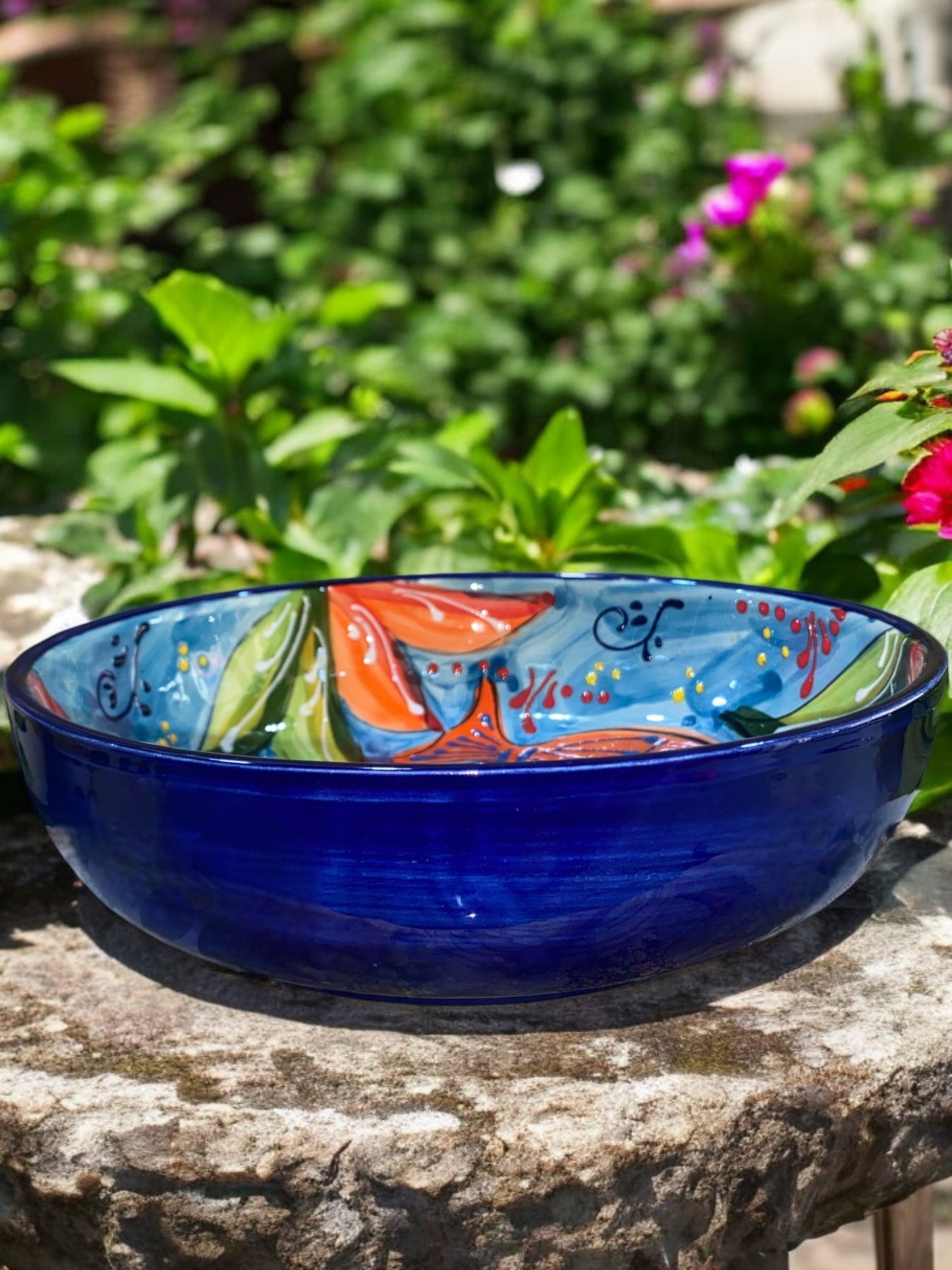 Small Flat Salad Bowl in Handmade Ceramic - Aquamarine Pattern