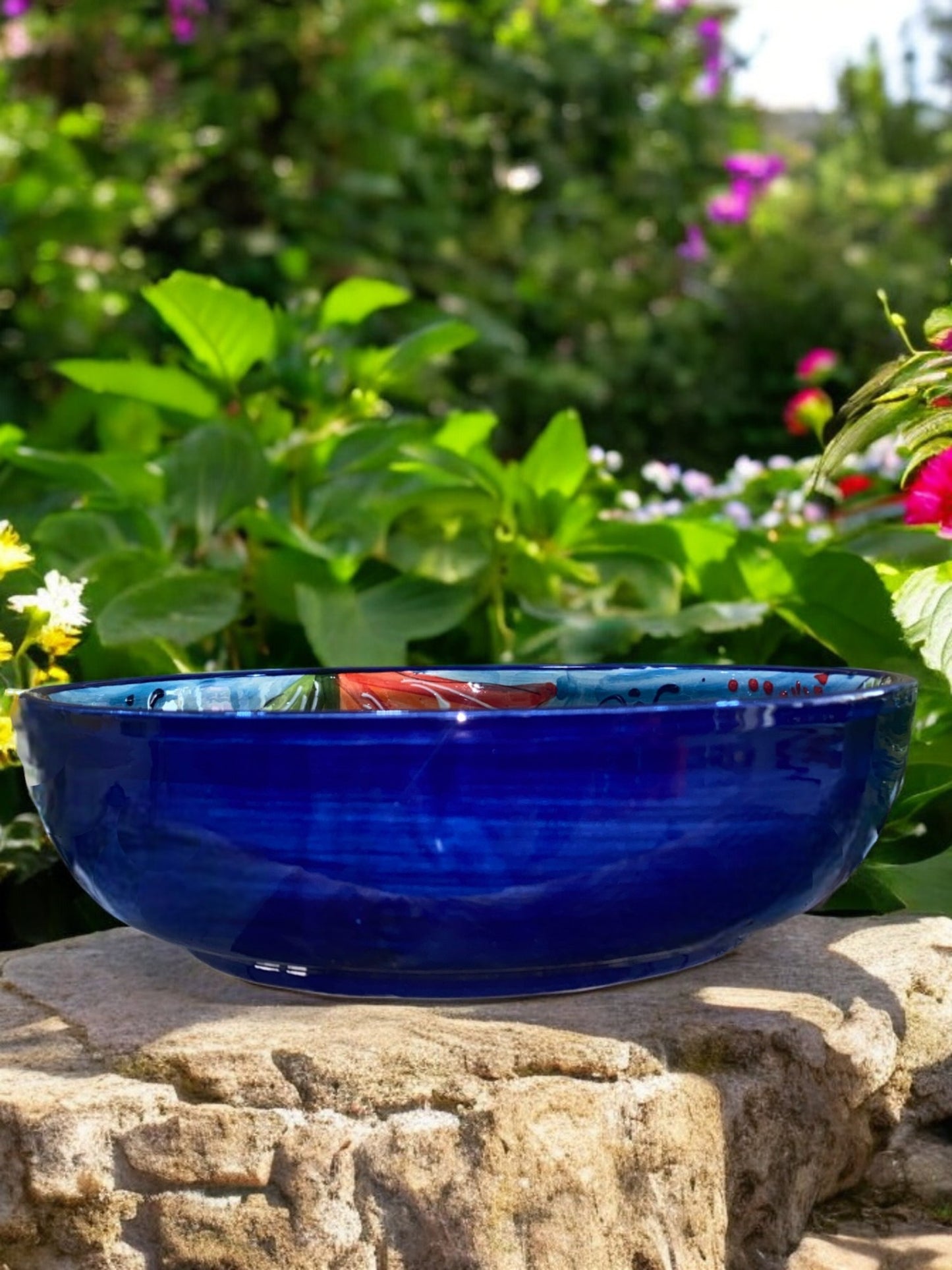 Small Flat Salad Bowl in Handmade Ceramic - Aquamarine Pattern