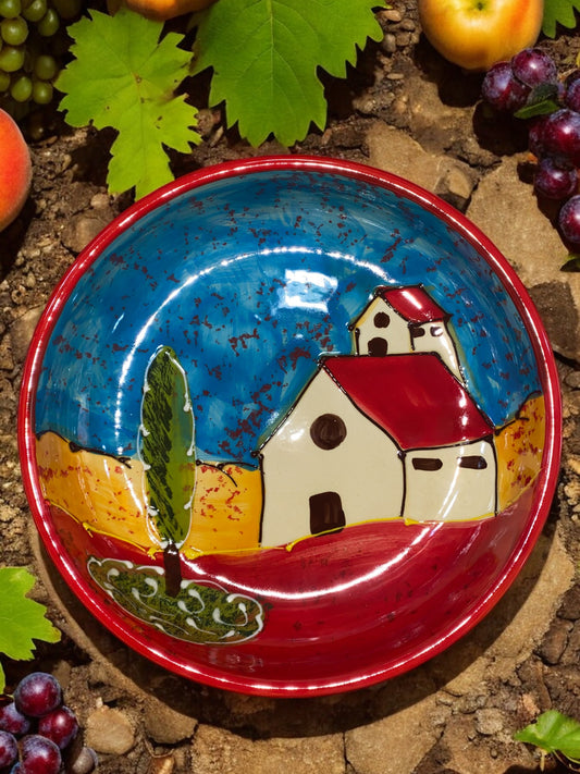 Petit Saladier Plat en Céramique Artisanale - Motif Village Provençal