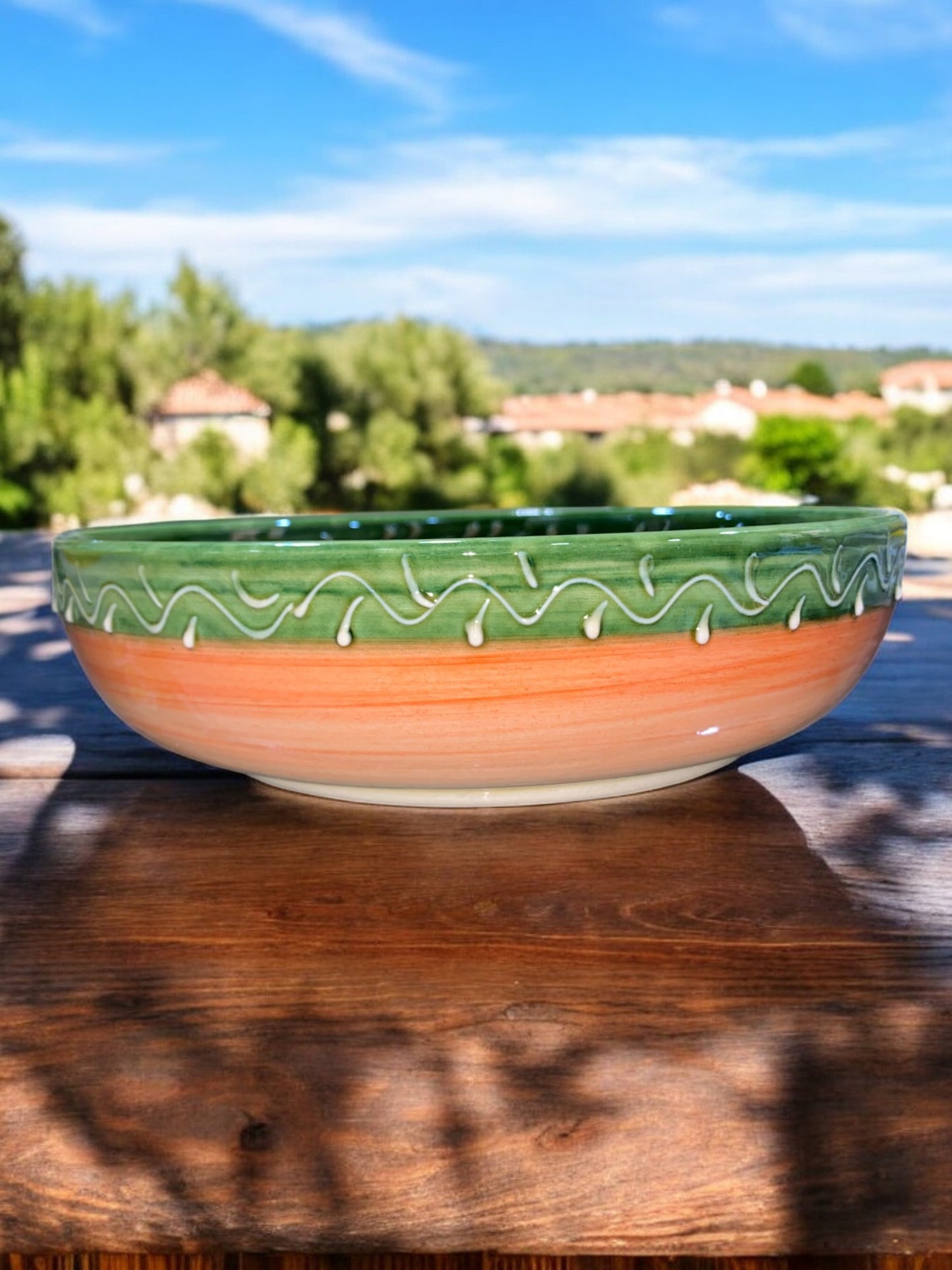 Petit Saladier Plat en Céramique Artisanale -  Motif Provençal Vert