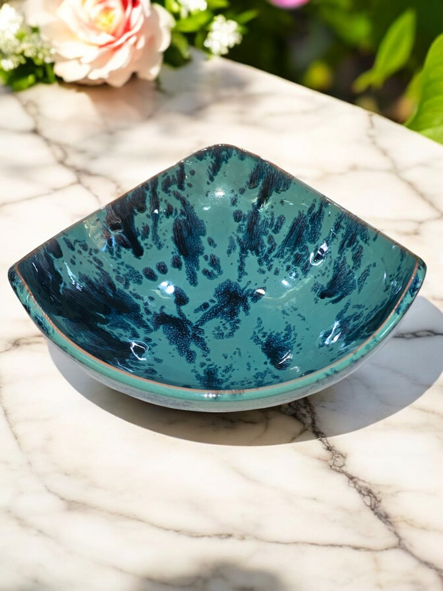 Small Sky Blue and Dark Blue Triangular Salad Bowl in Artisanal Terracotta