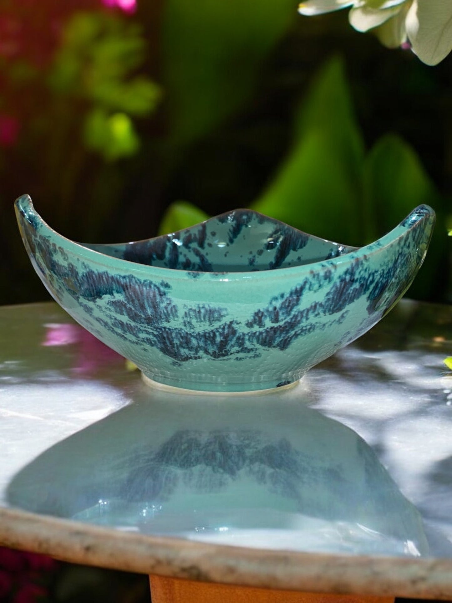 Small Sky Blue and Dark Blue Triangular Salad Bowl in Artisanal Terracotta