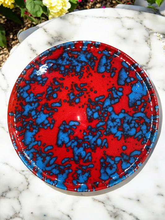 Plat à Tarte Rouge et Bleu en Terre Cuite Artisanal