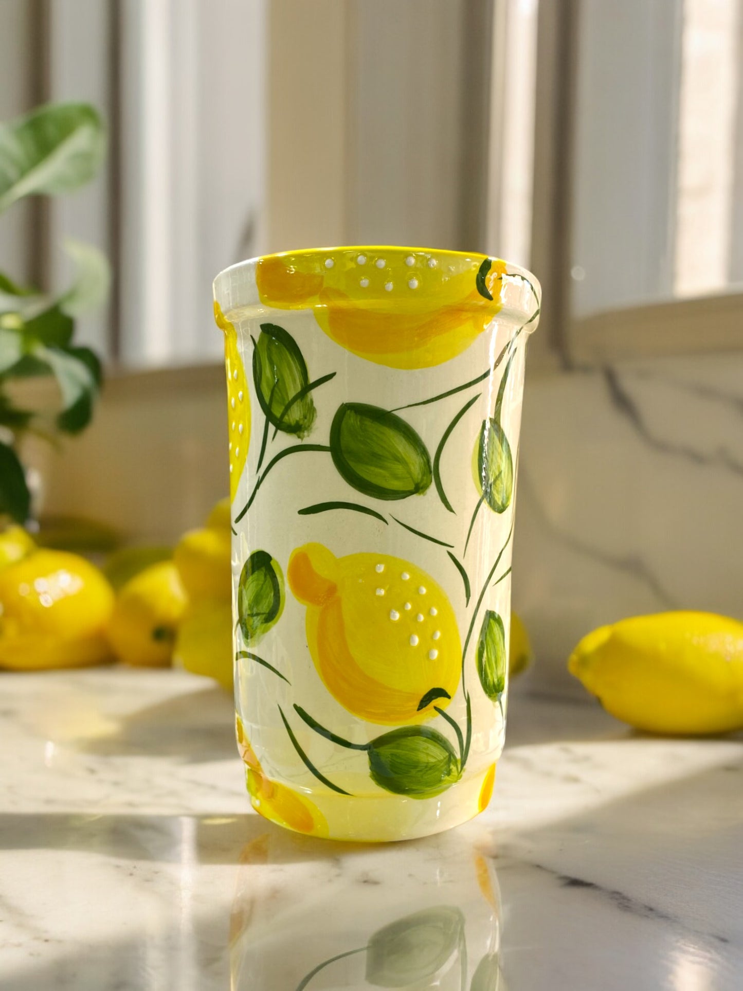 Large Handmade Ceramic Utensil Holder with Lemon Motifs