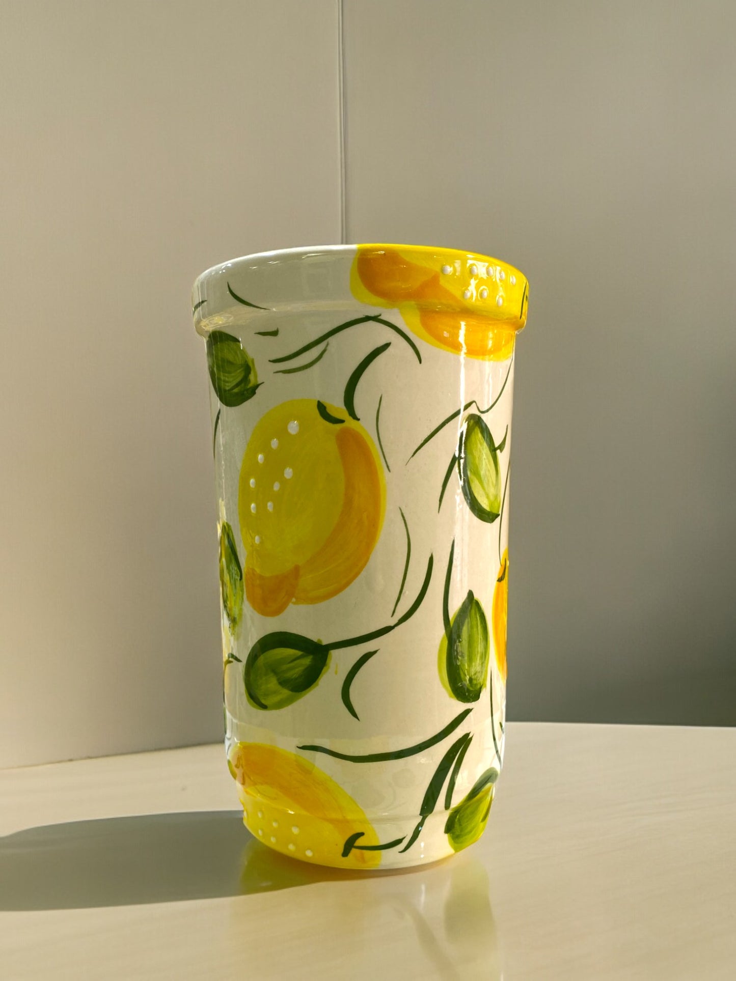 Large Handmade Ceramic Utensil Holder with Lemon Motifs