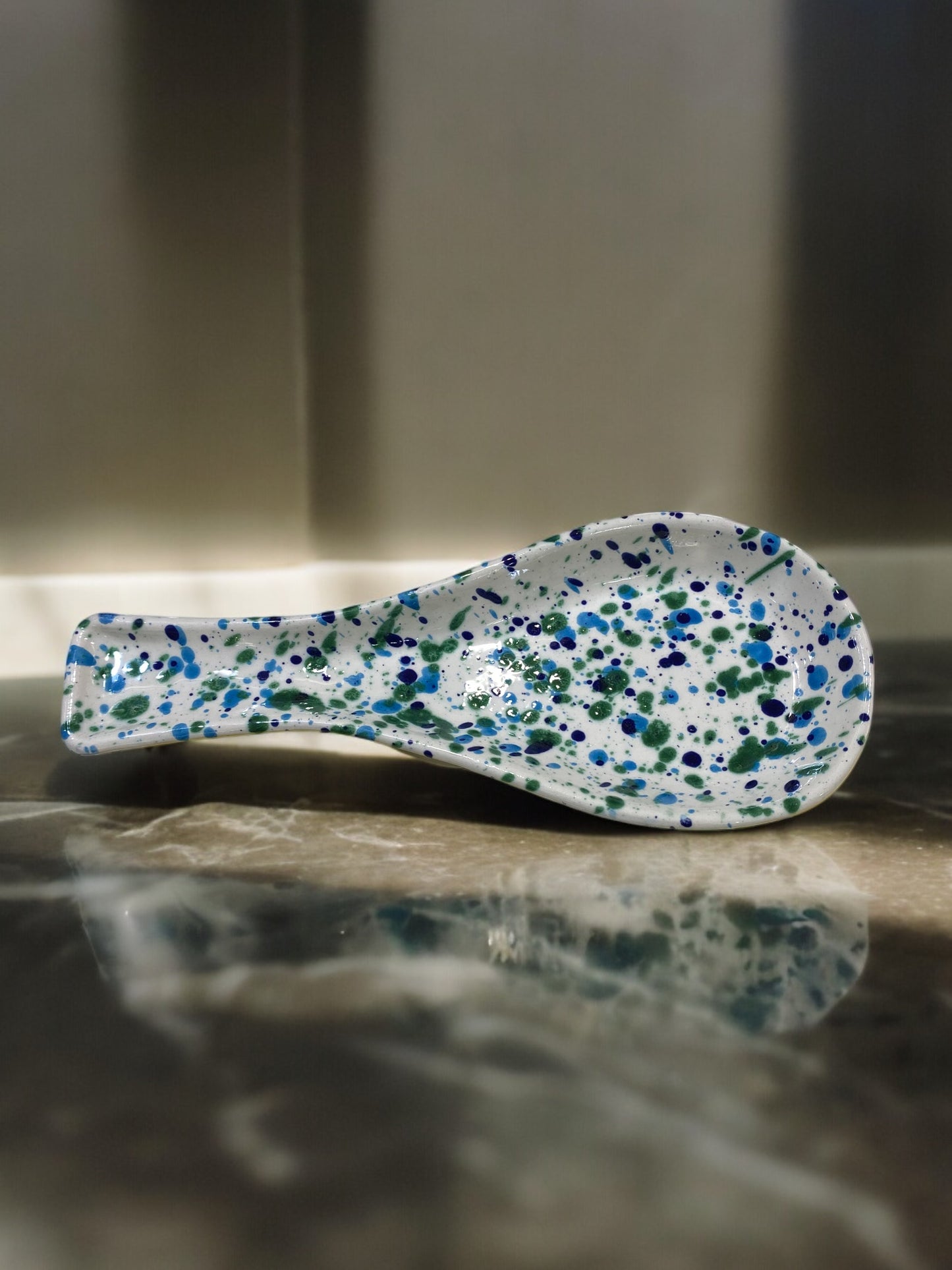 Repose Cuillère en Céramique Artisanale - Motif Moucheté Bleu et Vert