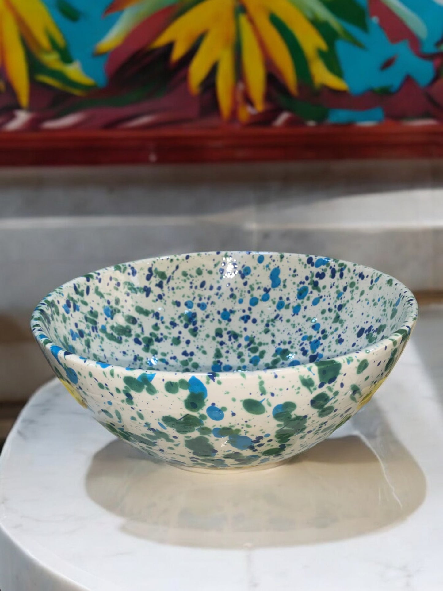 Saladier Oval en Céramique Artisanale - Motif Moucheté Bleu et Vert